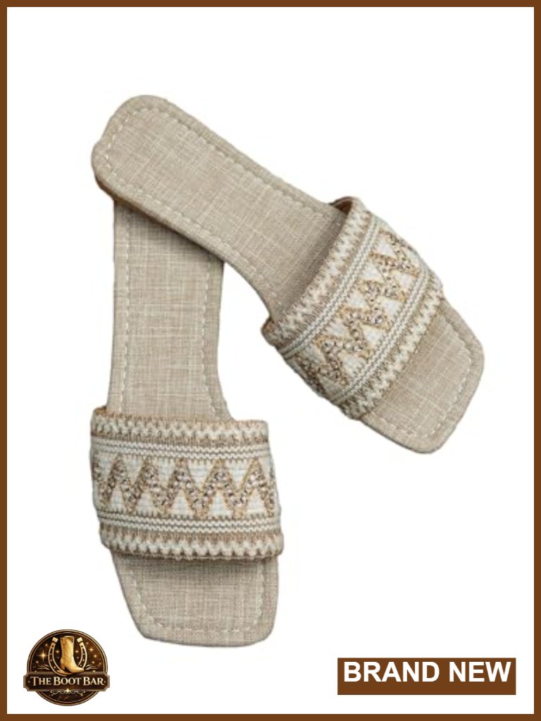 Braided Fabric Flat Sandals Square Embroidered Slip On Slide Boho Summer Beach